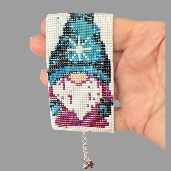 Hand crafted beaded loom cuff winter gnome bracelet adjustable 7” to 9” - Picture 5 of 5